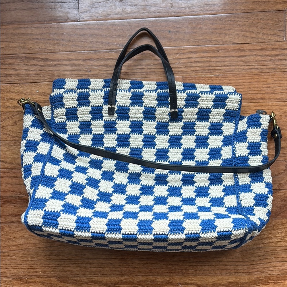Clare V Blue and White Checkered Tote Bag